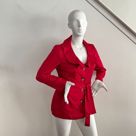 Sandro Studio Jacket Red Button Front Blazer Short Trench L - Picture 9 of 9